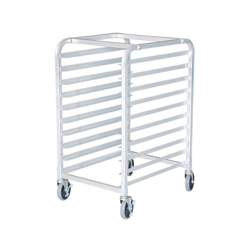 10-lags høykvalitets aluminiumsarkpanne/bun panne rack med kvalitetssvingbare hjul, restaurantkvalitet bakeri racking for fullt ark og halvt ark